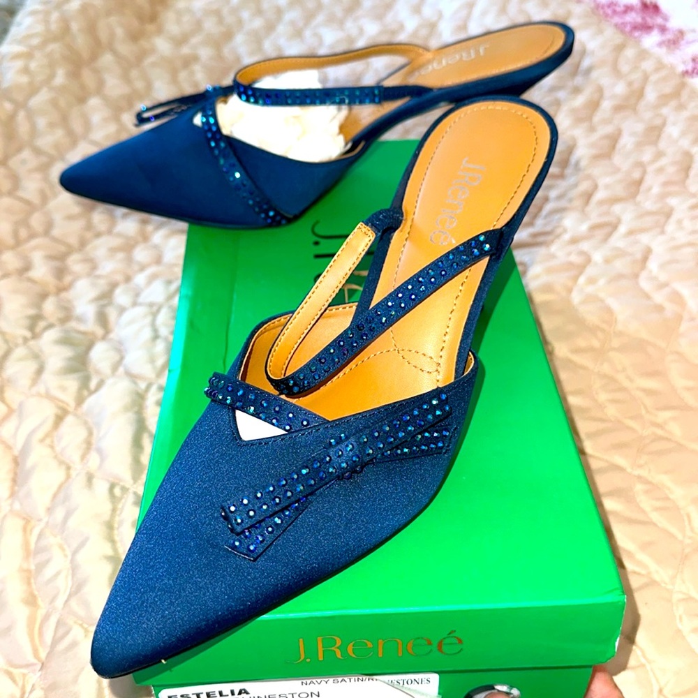 Lovely blue satin and rhinestone heels